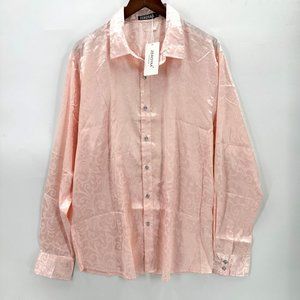 Zeroyaa Shirt Mens Button Down Long Sleeve Lightweight Leaves Pattern Pink XL